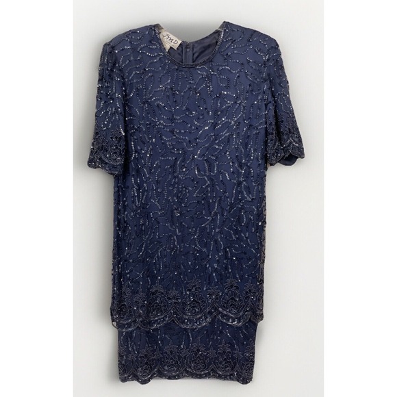 JMD‎ New York Women's Size 12 Blue Silk Beaded Tiered Mid Length Dress NWT - Picture 1 of 15